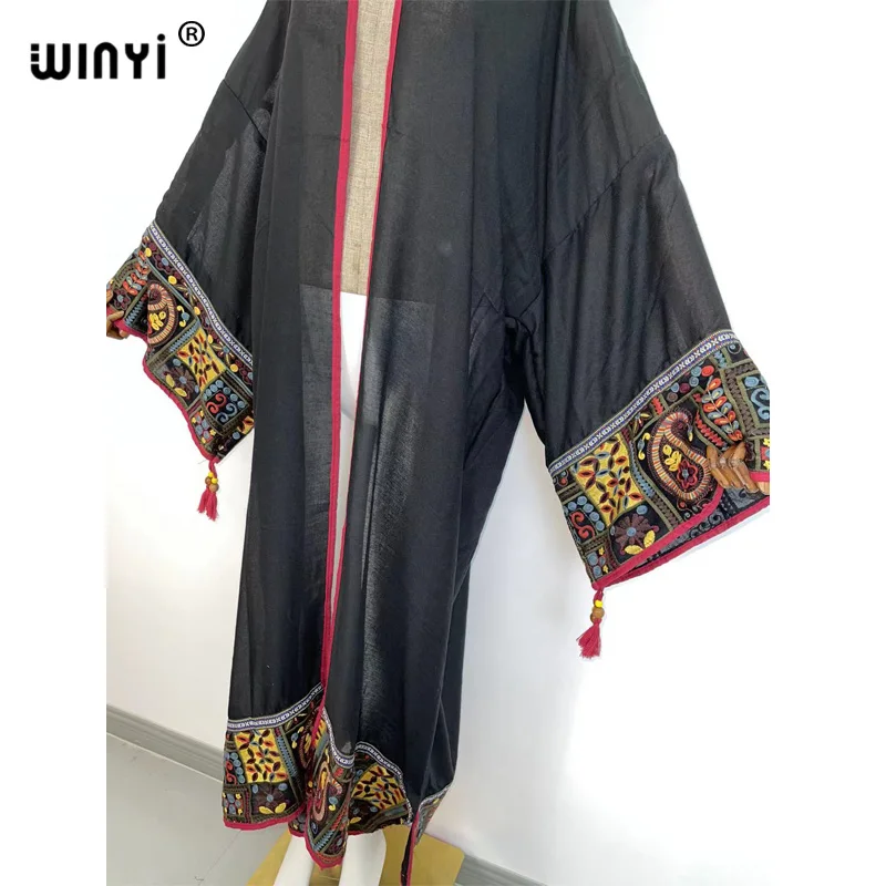 WINYI 2022 summer Sexy See Through Embroidered Long Kimono stitch Beachwear Women Tops and Blouses Middle East Muslim Abaya long flowy beach dress