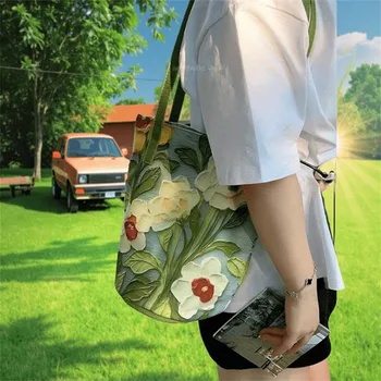 أنيقة الأزهار دلو حقيبة يد المرأة حقيبة كتف أنيقة النفط اللوحة زهرة تصميم حمل حقيبة دائم أكسفورد النسيج البوليستر بطانة 2