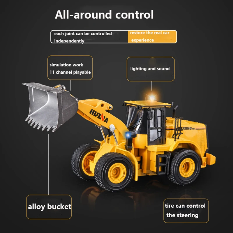Huina 662 RC Bulldozer Truck 11CH Alloy Bucket Truck 2.4Ghz Remote Controlled Car Engineering Loading  Car Toy Gift For Boys 3