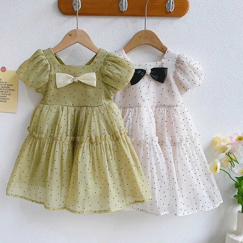 

2023 Summer New Arrival Girls Short Sleeve O Neck Bow Dot Apricot Roupa Infantil Menina Cute Party Dress Custume 4-7T
