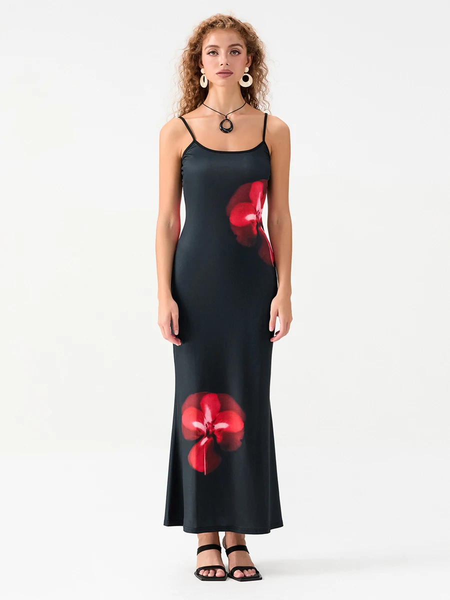 

Women Cami Dress Flower Print Sleeveless Backless Dress Long Bodycon Dress Party Pencil Maxi Dress