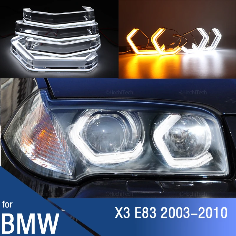 

for BMW X3 E83 2003-2010 White M4 Style LED Crystal Angel Eye Kit Day Light with Yellow Turn Signal