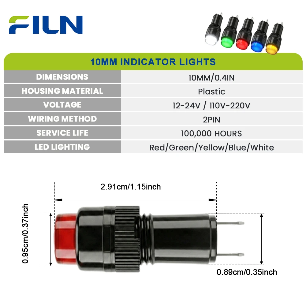 FILN 3PCS 10mm IP67 방수 상태 표시등 2핀 마운트 LED 표시등 12V-24V 트럭 운전실 상업용 제어 대시보드용