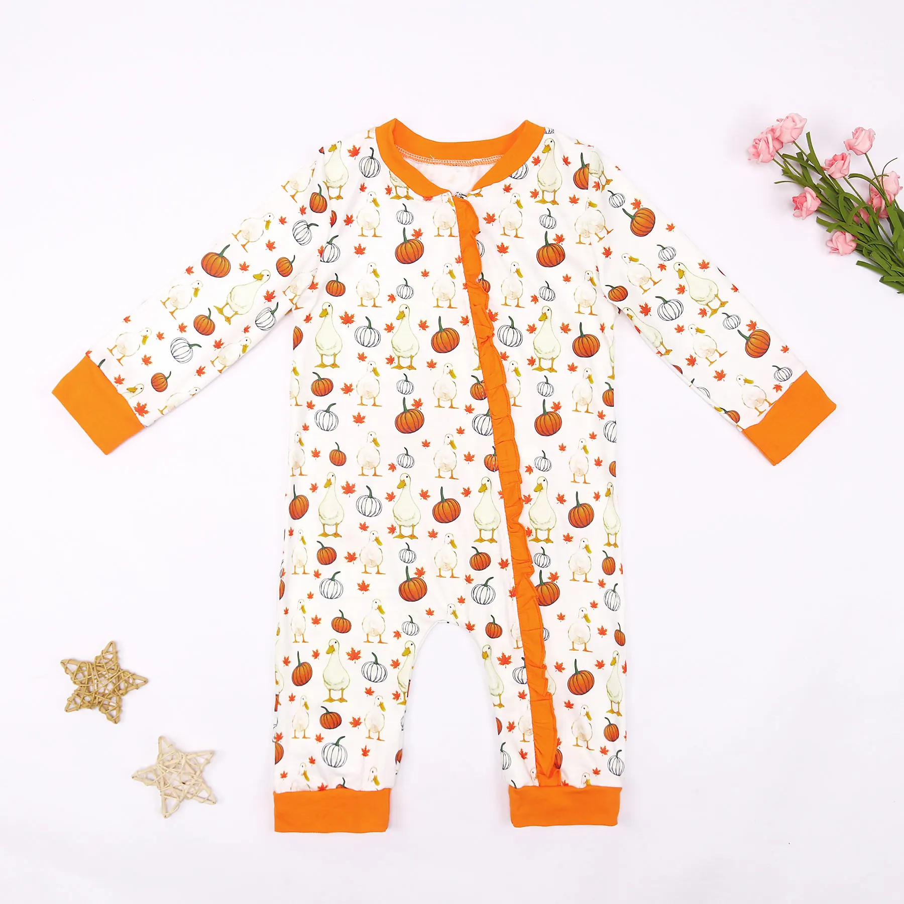

Halloween Autumn Baby Girls Rompers Clothing Long Sleeve Crew Neck Duck Pumpkin Print Sweatshirts Jumpsuits Overalls Clothes