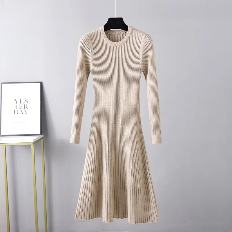 

2023 Autumn Winter Knitted Midi Dress Women Ribbed O Neck A Line Dresses Female Casual Khaki Korean Fashion Office Lady Outfits
