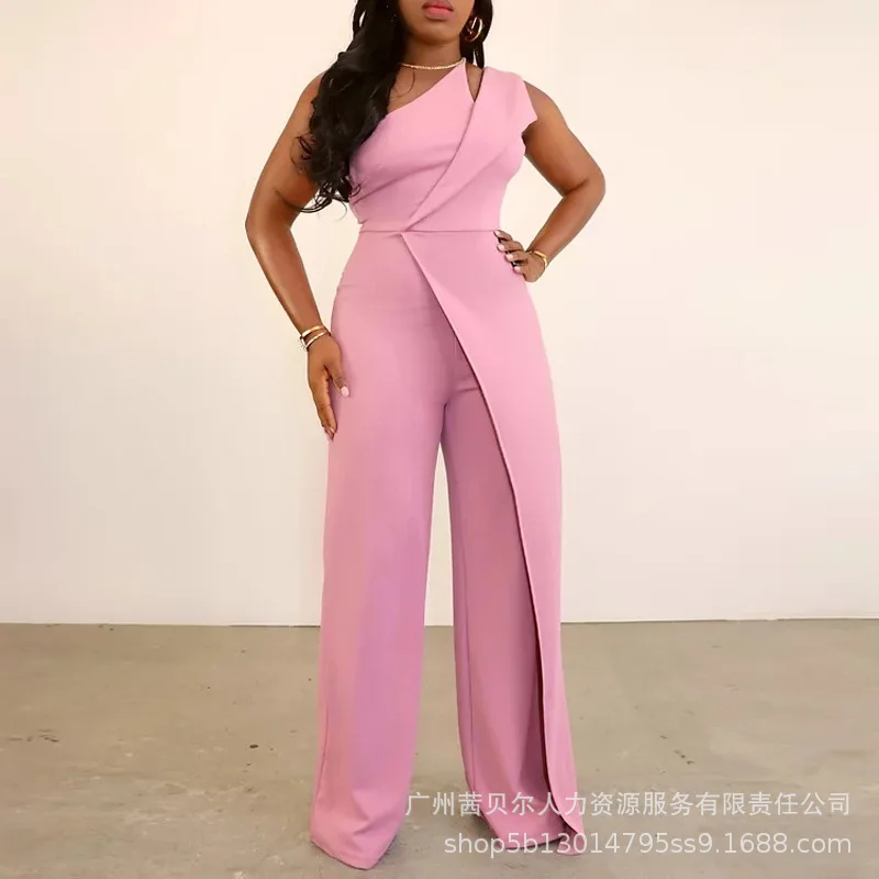 

New 2023 Women's New Oblique Shoulder Irregular Jumpsuit High Waist Solid Color Overall Pants Jumpsuits