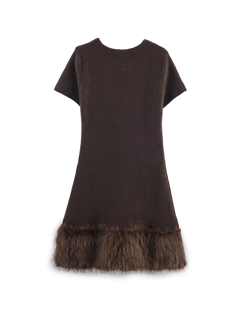 Autumn Winter Knitted Mini Dress For Women 2025 Fashion Short Sleeve Bodycon Fur Splice Elegant Party O Neck Sweater Dresses