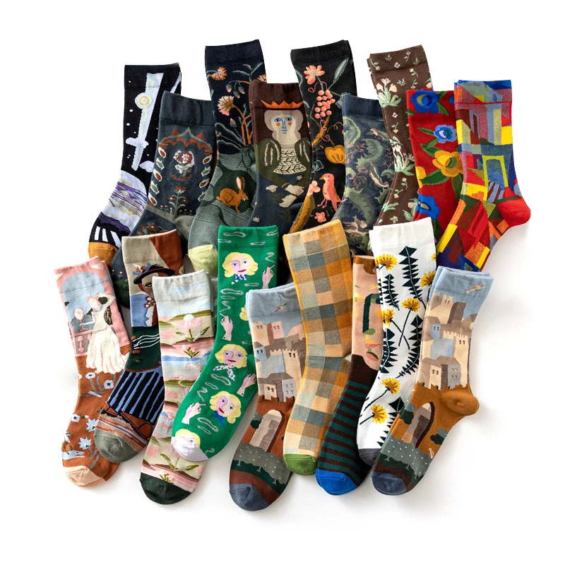 Halloween Socks Target 2022 2022 Retro Print Creative Fashion Socks Women Long British Style Sock Spring French Design Oil Painting Winter Warm Cotton Socks Aliexpress