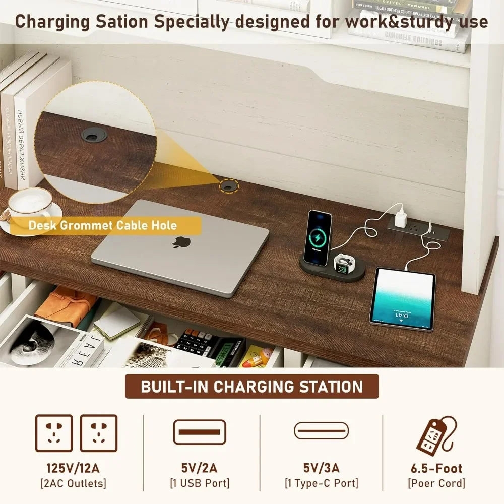 76" Height Farmhouse Desk with Sliding Door Hutch with Charging Station, Drawers and Storage Cabinet Workstation Computer Desk 2