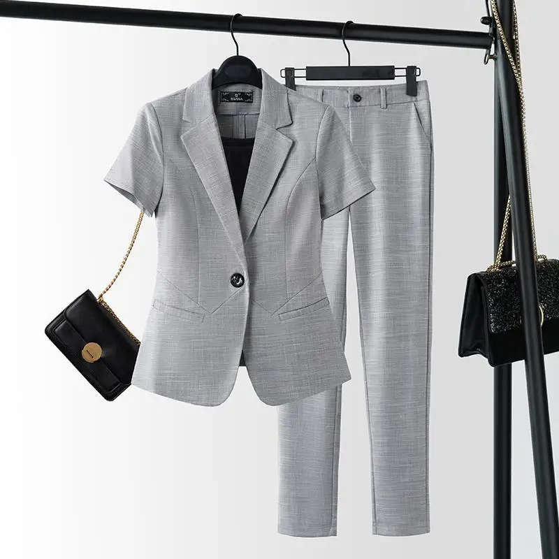 

Women's Summer Thin Short Sleeve Blazers Jacket Pants Two Piece 2023 New Fashion High End Professional Suit Set Femlae Clothing