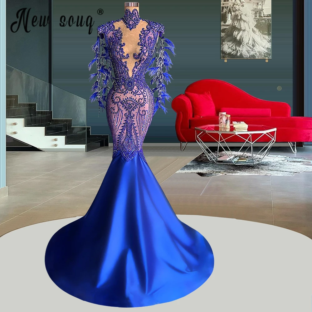 

Dubai Tassel Pearls Beaded Evening Dress with Cape Sleeve Aso Ebi Royal Blue Feathers Long Mermaid Wedding Party Gowns Plus Size