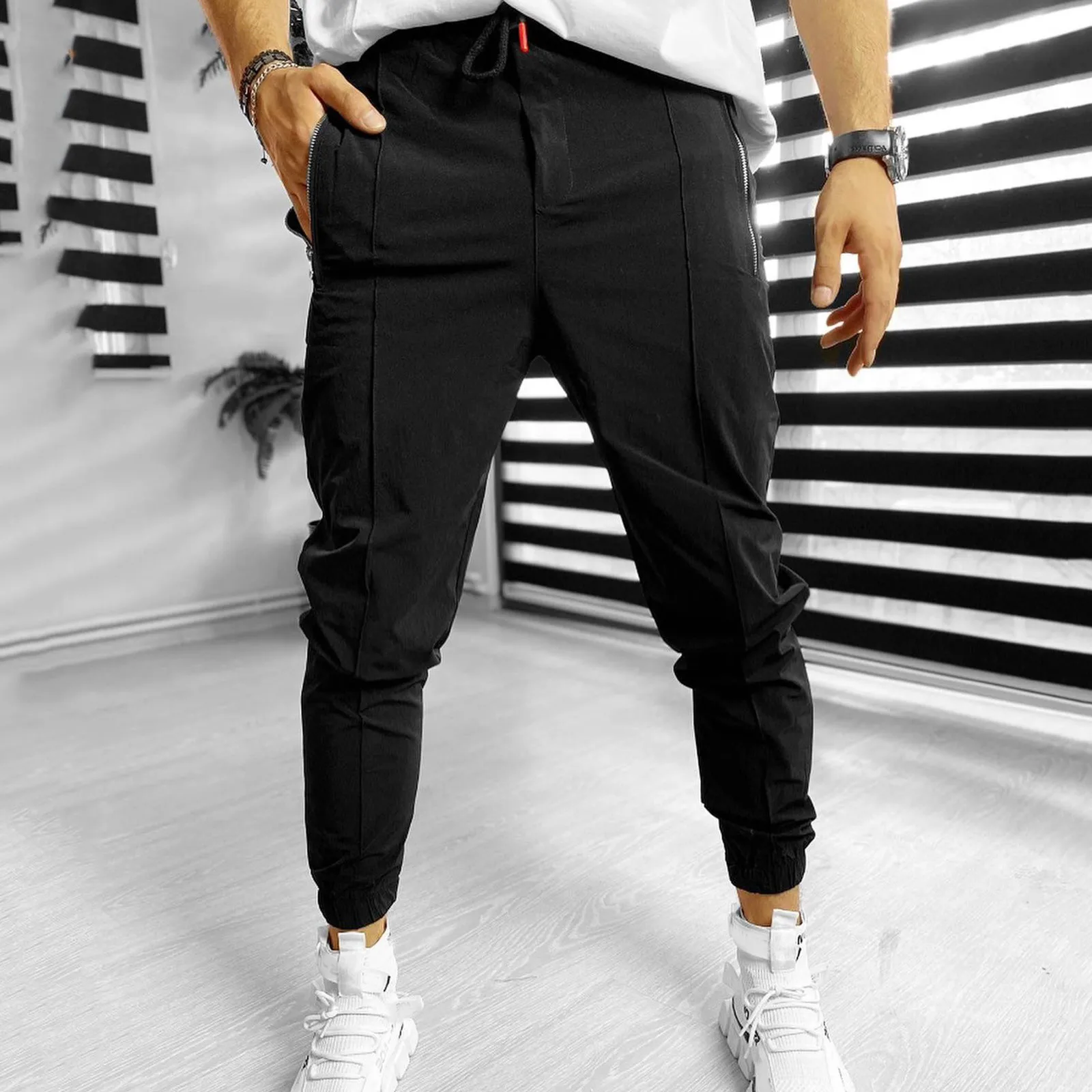 red sweatpants Men's Fashion Pants Sweatpants Zipper Casual Thin High Elastic Sports Breathable Quick-drying Trousers Pockets Jogging Pants green sweatpants