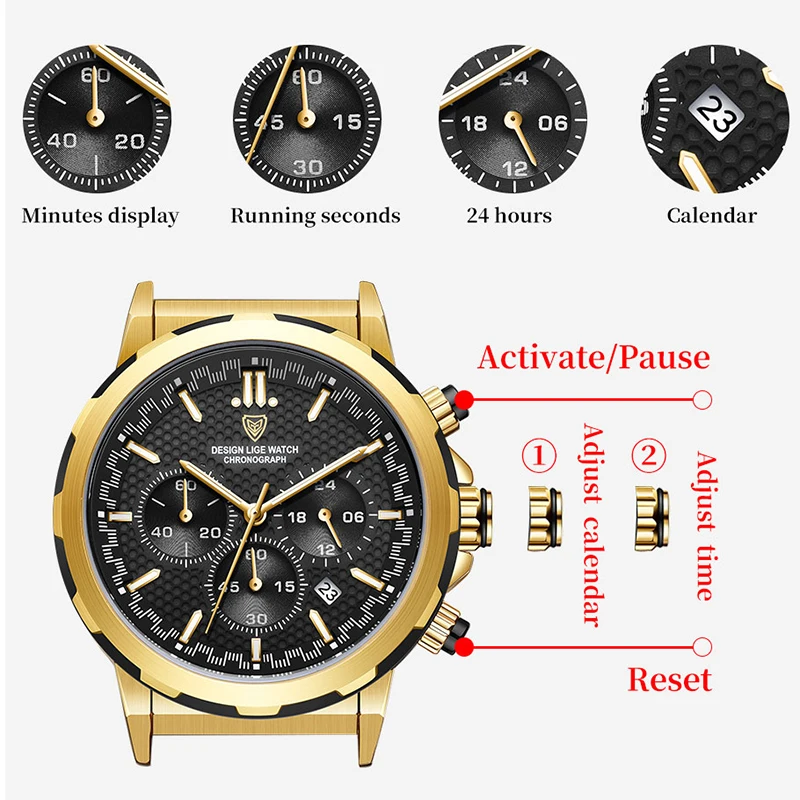 LIGE 2023 New Gold Quartz Watch For Women Top Luxury Women Watch Fashion Waterproof Sport Chronograph Clock Relogios Feminino