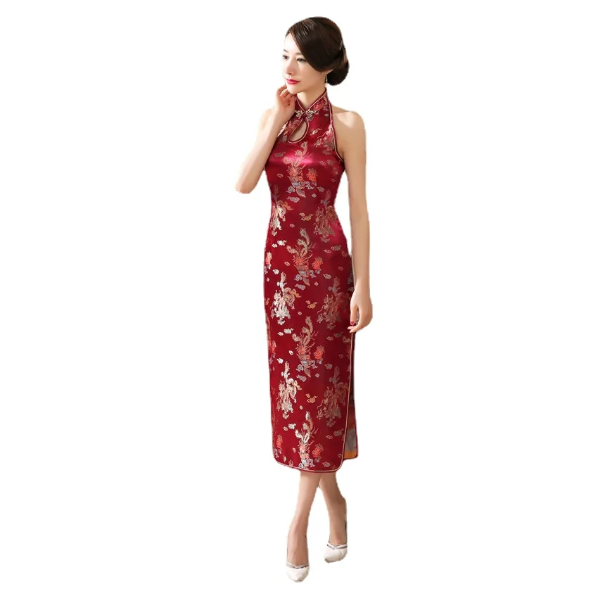 Vintage Lady Sexy Satin Qipao Evening Dress Classic Backless Cheongsam Female Traditional Chinese Wedding Dress Oriental Qipao