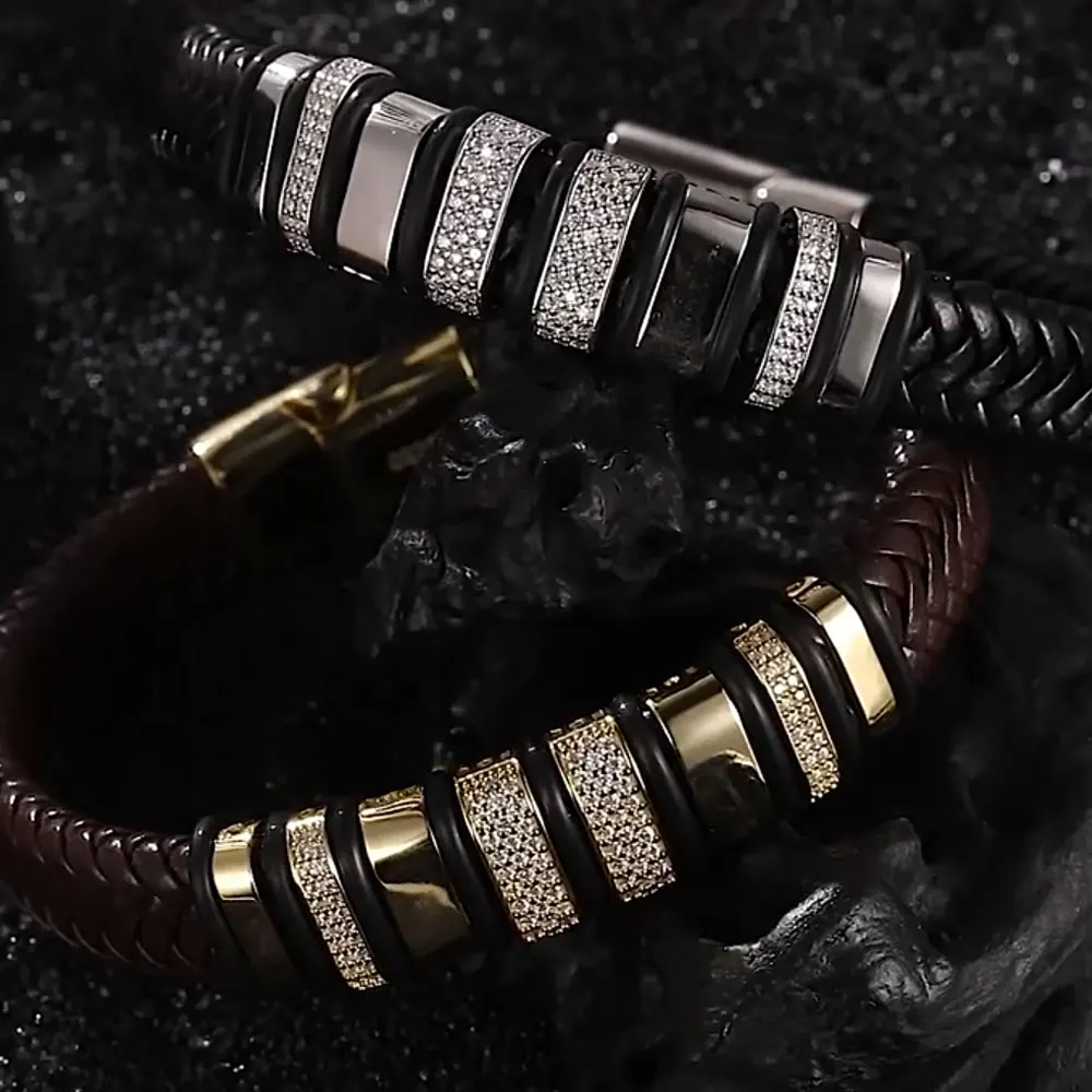 Luxury Cuban Bracelet - 8mm Leather  18k Gold Plated Sterling Silver with Lab-Grown Zircon Diamond for Men