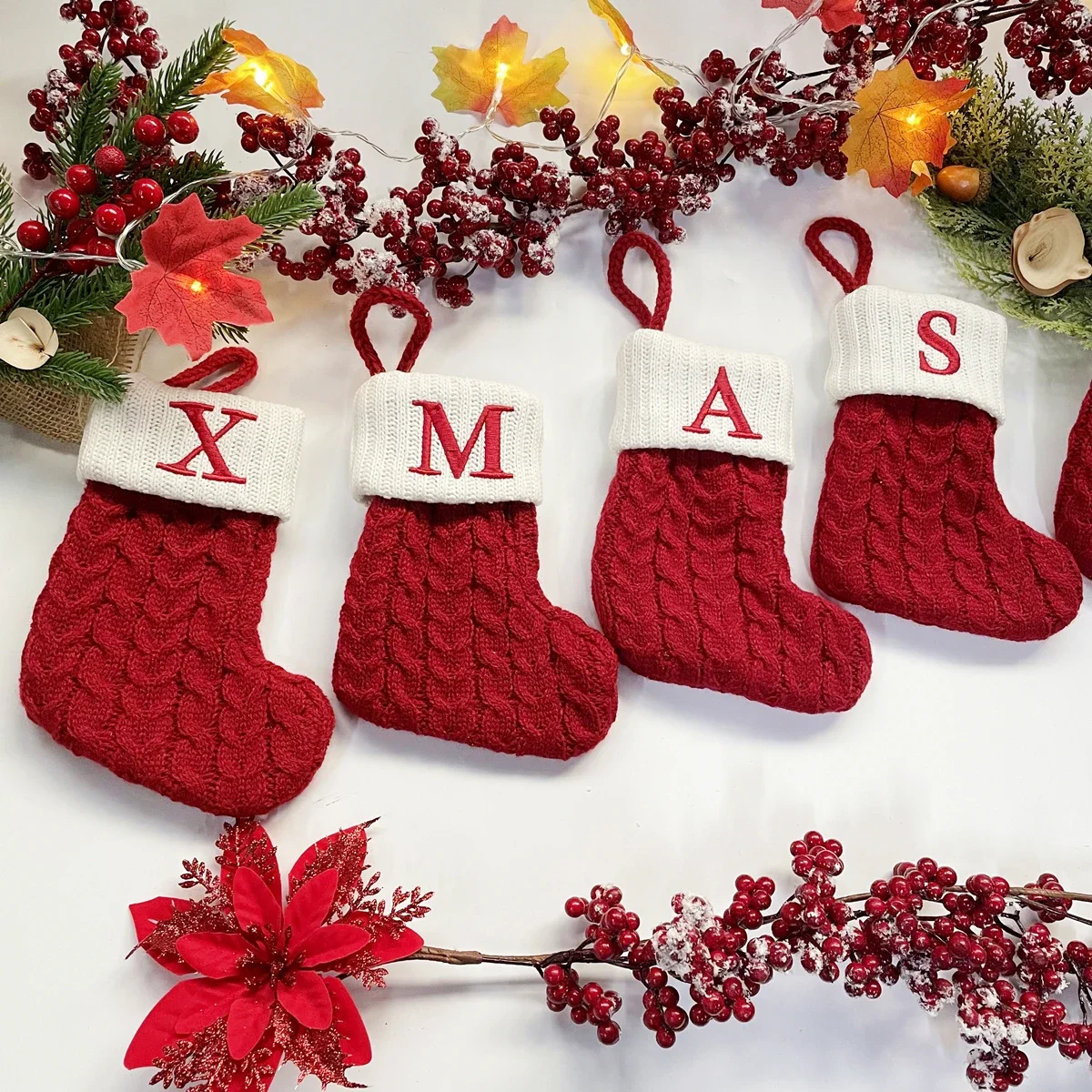 New Year Christmas Socks Red Snowflake Alphabet Letters Christmas Knitting Stocking Tree Decoration for Home Xmas Gift