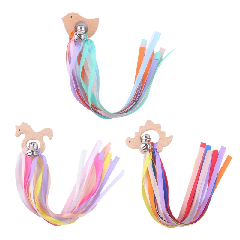 

Rainbow Ribbon Wooden Animal Shape Teething Ring Baby Teether with Bells Rattle Nursing Chewing Teething Bracelet BPA-free G99C