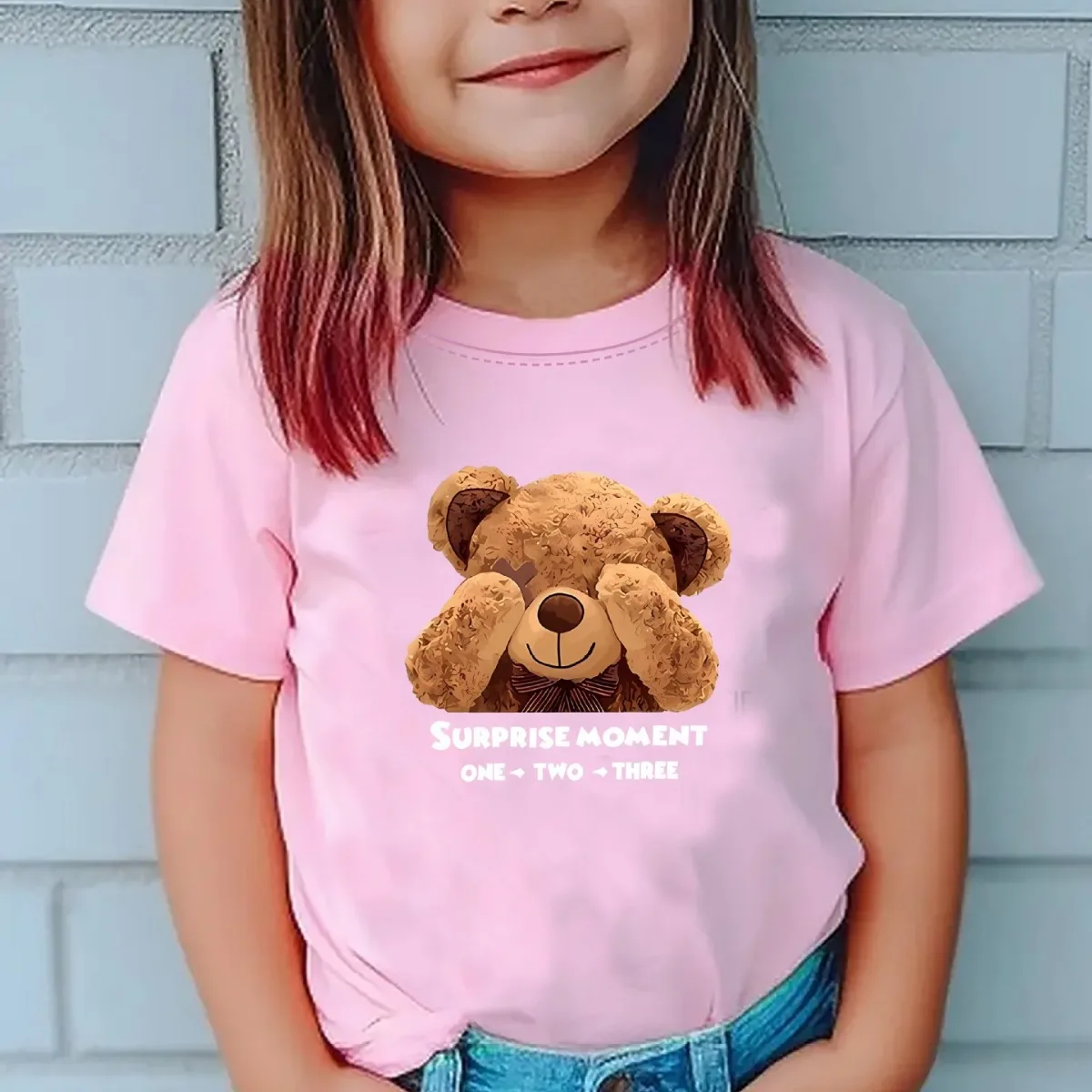 Girls' Summer Round Neck Short Sleeve T-shirt Bear Print Tops