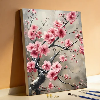 Dipinto a Olio Digitale Huacan, Kit Pittura a Numeri con Fiori di Prugna, Decorazione per Soggiorno