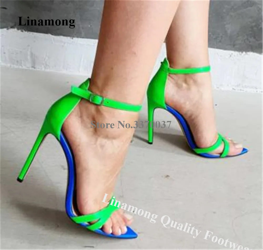 

Mixed-colors Straps Sandals Linamong Fashion Pointed Toe Patchwork Stiletto Heel Green Blue Dress Shoes Party Club Heels