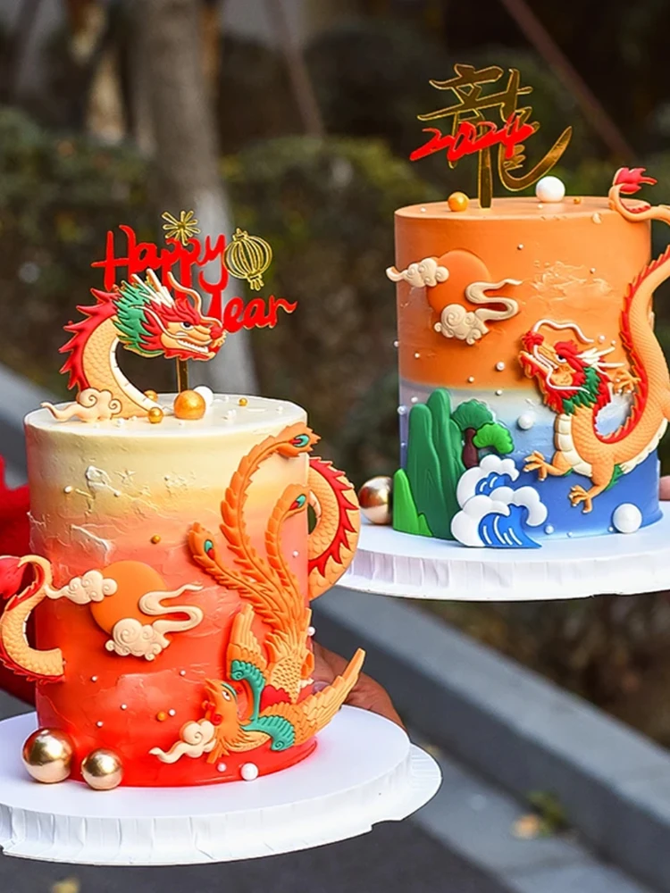 Stile cinese Happy New Year Cake Topper Dragon and Phoenix Topper fornure per la decorazione della torta di compleanno per la festa di compleanno di Mon Dad