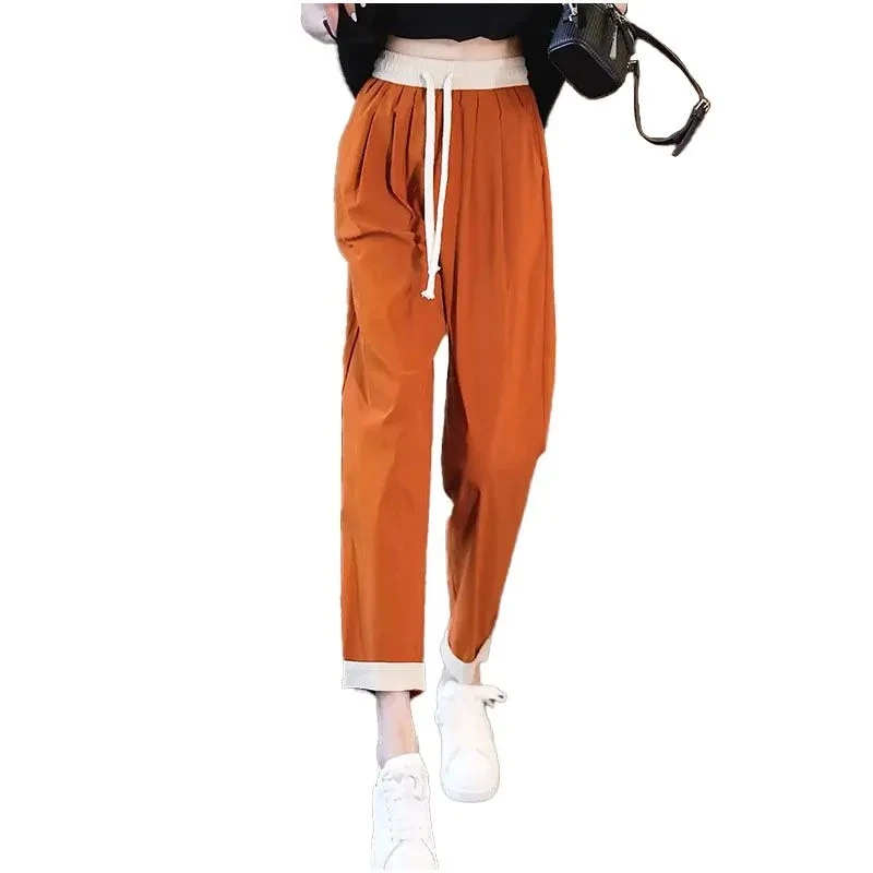 2023 Spring Summer Solid Harem Pants Women Casual Loose Pocket Pencil Pants Woman Office High Waist Ice Silk Trousers Ladies 5XL ladies jeans mom jeans large size carrot pants washed stitching elastic waist frayed harem pants boyfriend pants