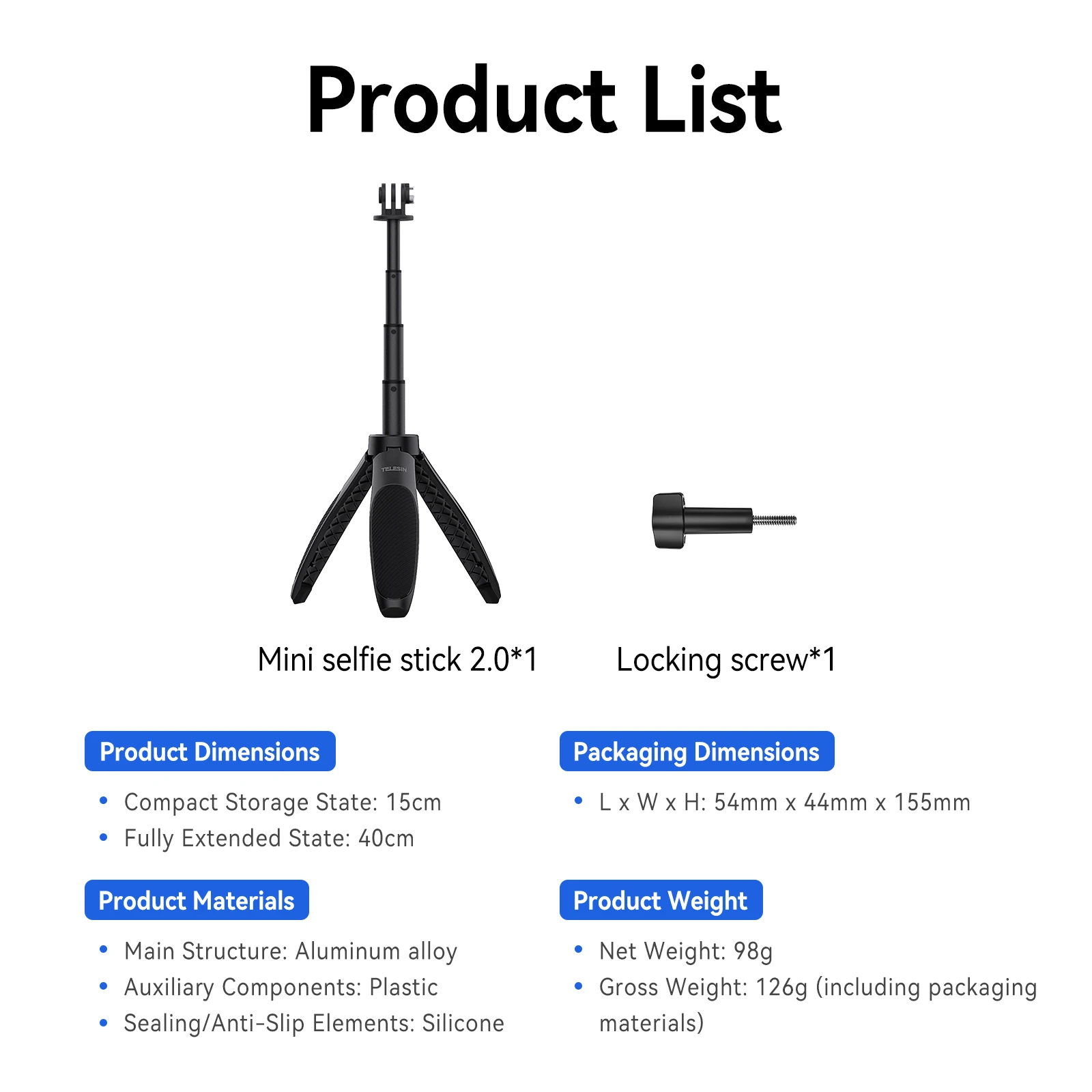 TELESIN Mini Quick Release Selfie Stick Tripod Portable Adjustable Length for GoPro Insta360 DJI Osmo Action Action Camera 6