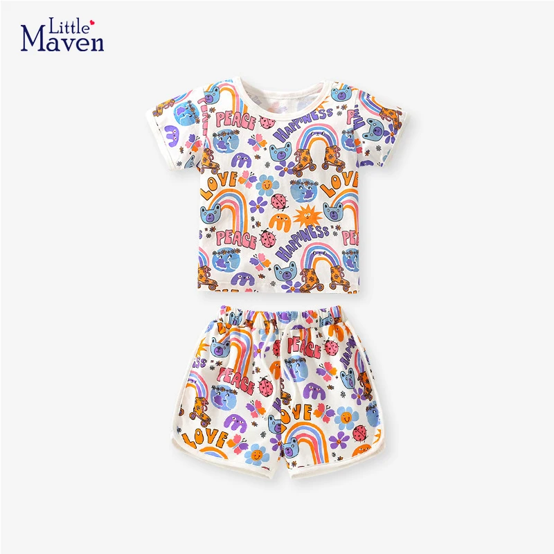 

Little maven Summer Girls Outfits Set Tracksuit Kids Outfit 2024 Clothes Sets Cartoon Rainbow Children Tops+Pants Clothes Cotton