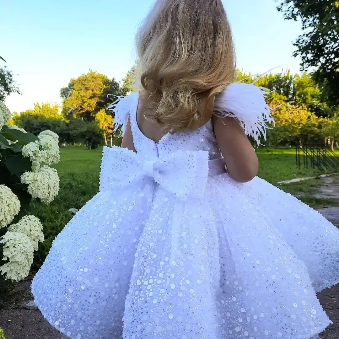 

BABYONLINE First Communion Dress for Girls Beads Feather with Bow Sparkly Glitter Evening Party Fluffy Skirt Ball Gown Tutu Kid