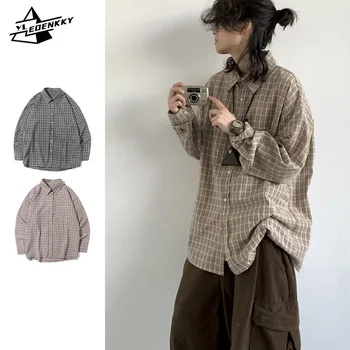 Harajuku Thin Shirt Men Women Japanese City Boy Loose Long-sleeved Tops Vintage Plaid Striped Cargo Cardigan Jacket Spring New