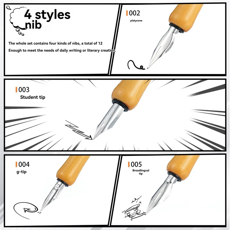 14 Pcs Dip Pen Nibs 홀더, 그림 서명 선물을 쓰기위한 스테인레스 스틸 펜촉이있는 나무 드로잉 펜 홀더