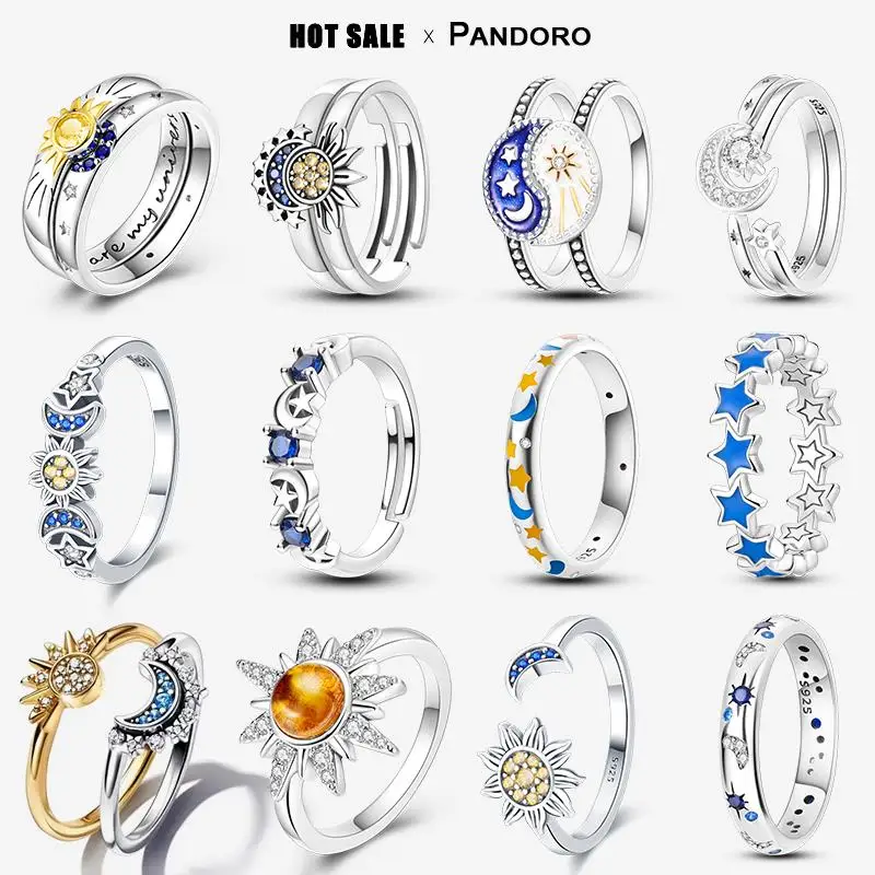 

Shining Sun and Crescent 925 Silver Ring Sun and Moon Combination Ring Set Open Adjustable Styling Diamond Ring Fit Pandora Ring