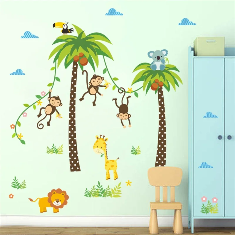 60x90cm Cartoon Coconut Tree Monkey Children's Room Wall Stickers Kindergarten Environmental Layout Removable Decal