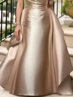 Off Shoulder Puff Sleeve Plus Size Satin Evening Dress for Women's Solid Elegant Cocktail Wedding Guest Maxi Dresses - Image 2