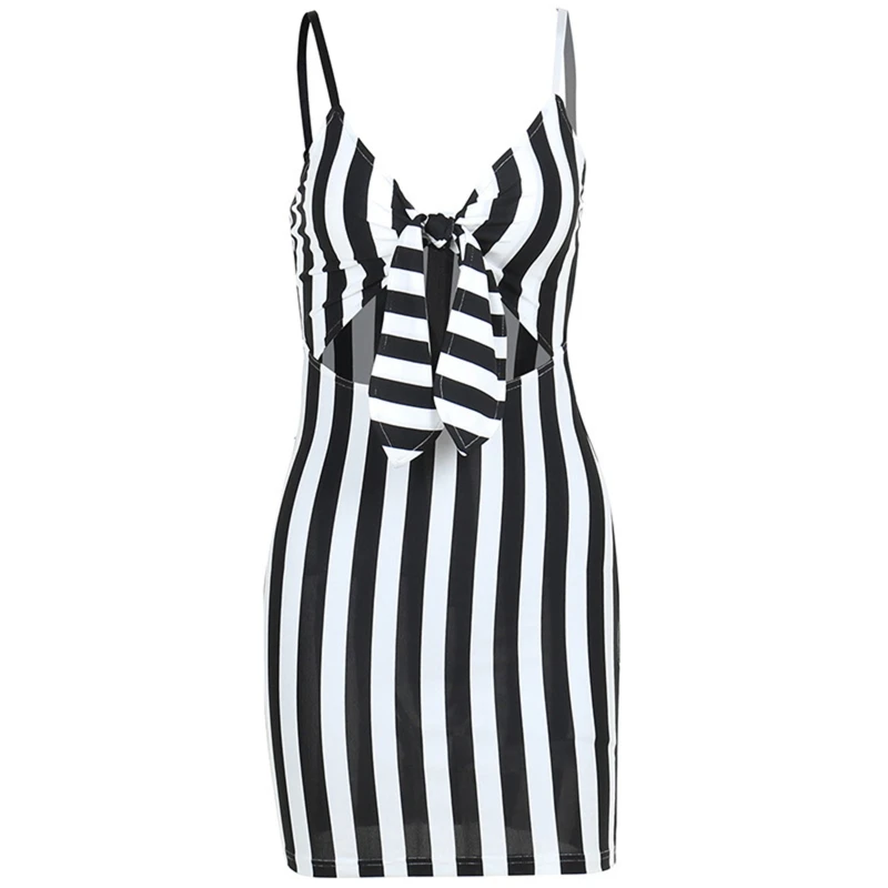 

Womens Gothic Striped Spaghetti Strap Mini Bodycon Dress Sexy Tie Knot Front Cut Out Waist Package Hip Party Clubwear