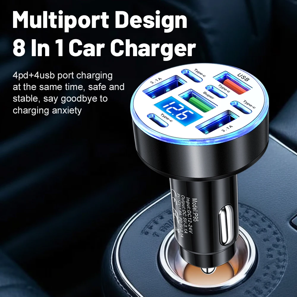 8 Ports Car Charger Fast Charging Digital Display USB Type C Car Phone Charger Adapter for iphone samsung huawei xiaomi