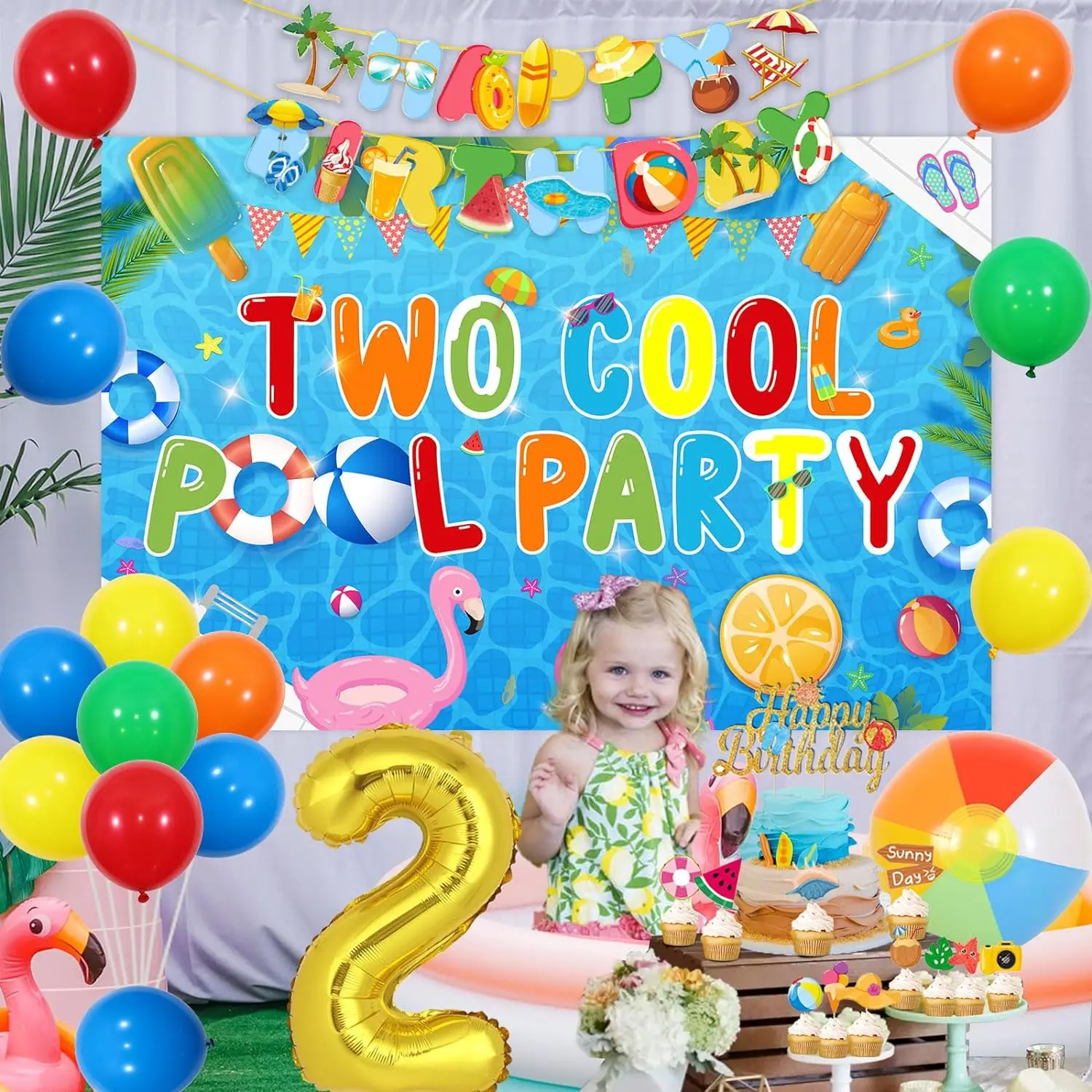SurSURPRISE-2 Cool Pool Birthday Party Decorations, 1st Foil Balloons,  Backdrop Banner, Cake Topper, Party Supplies