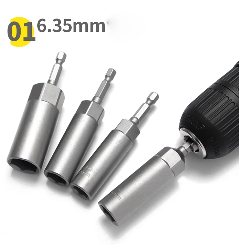 8mm-19mm Impact Socket Adapter 90mm Length Deepen Power Nut Driver Drill Bit Set for Power Tools 6.35Mm Hex Shank Quick Adapter