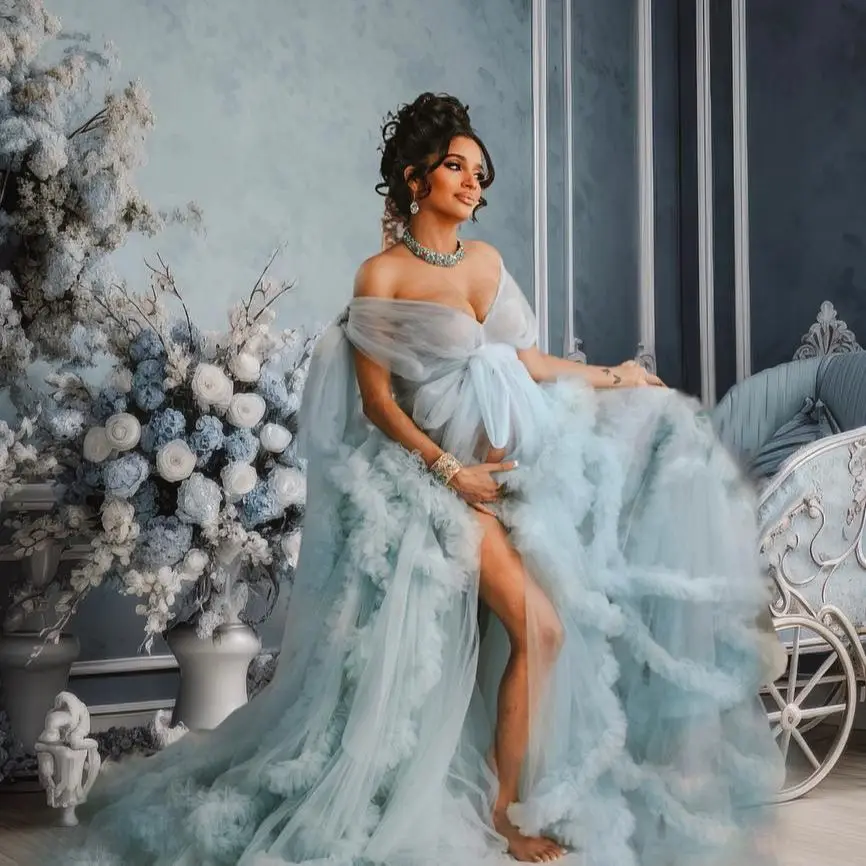 

Blue A Line Maternity Gowns for Photography Sweep Train Tiered Ruffles Pregnant Women Dresses Sexy Front Split Evening Gowns
