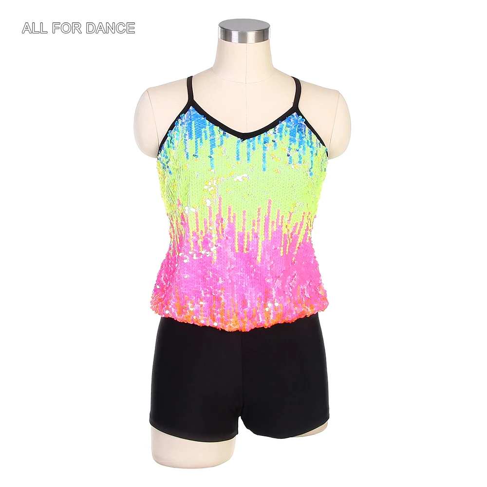 

18547 Modern Jazz Children Adult Dance Costumes Set Colorful Sequined Camisole Spandex Clothing With bike-shorts Pant