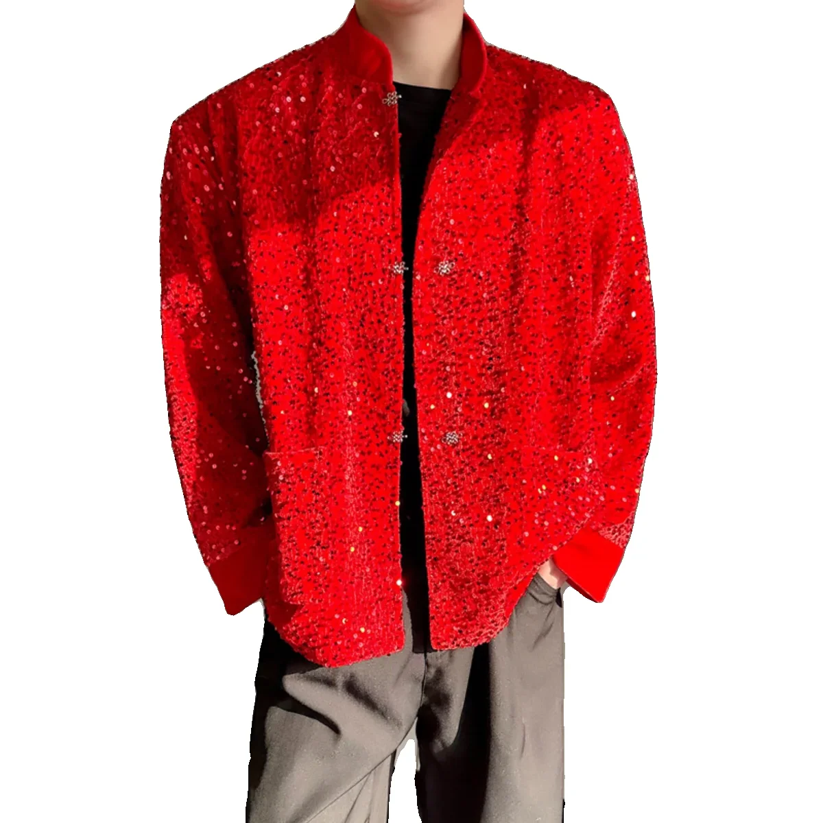 Fashionable New Sequins Stand Collar Jackets Men's Trendy Metal Buckle Decorative Long Sleeve Coats All-match Men's Clothes