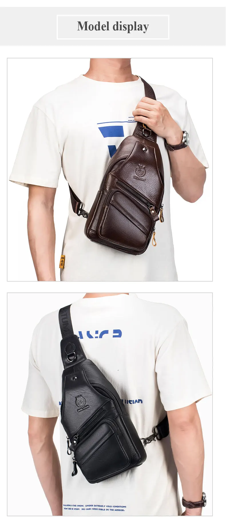 SCHLATUM Echte Leder-Brusttasche für Herren, modische Reisetasche mit Reißverschlussfach, multifunktionale Umhängetasche. – Detail 3