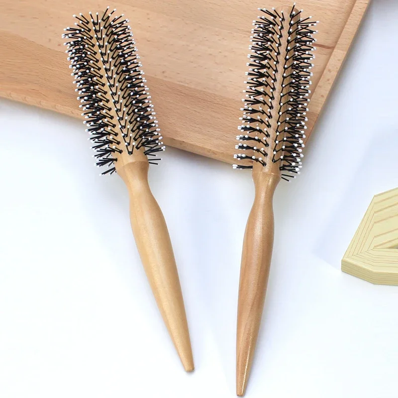 

Mini Round Nylon Hairbrush Curly Hair Styling Comb Rolling Comb Round Brush for Thin or Short Hair Men with Wooden Handle