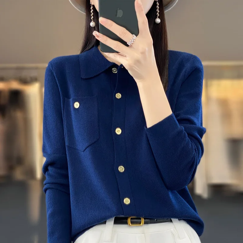 

Autumn Winter Women Cashmere Cropped Cardigans Korean Fashion White Knitted Cardigan Long Sleeve Polo Collar Sweater for Women