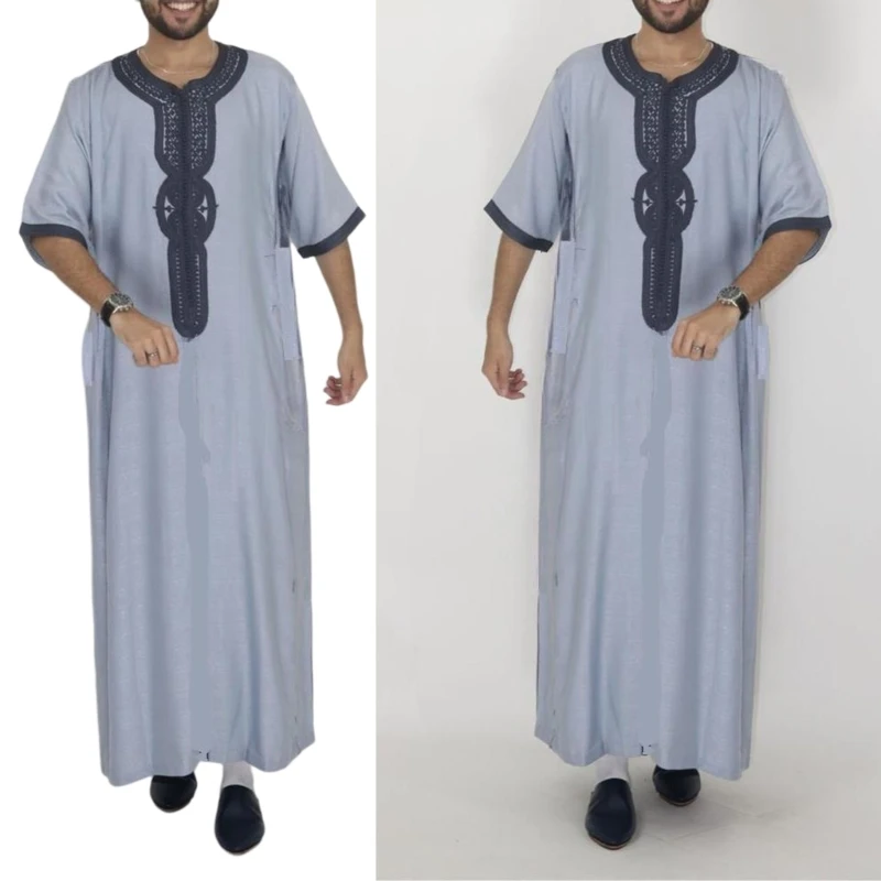 Mens Robe Muslim Clothes Loose Crew Neck Arab Middle Durable Kaftan Muslim Thobe Dubai Long Sleeve Gown Ethnic Clothes