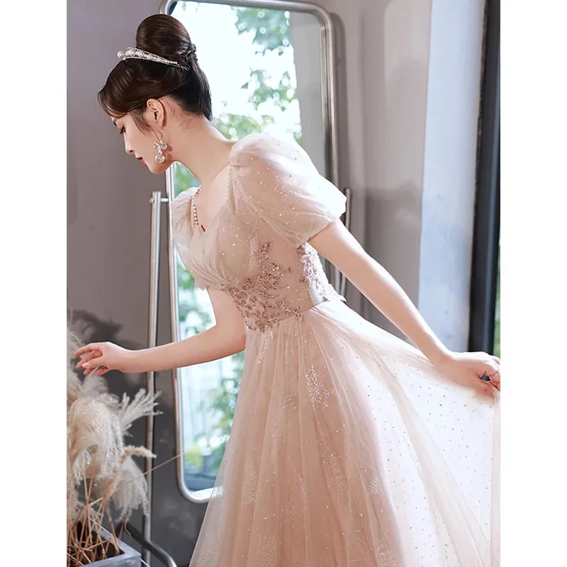 Evening Party Dresses for Women 2025 New Light Luxury High End Luxury Dress Banquet Style Champagne Long Summer Short Sleeeve LA