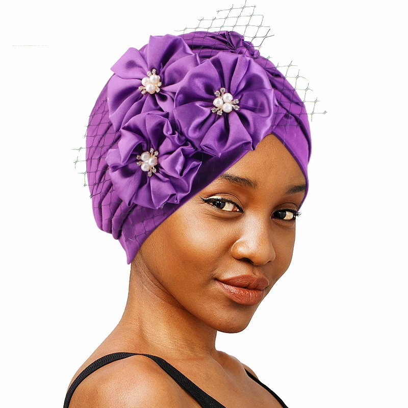 

2024 Lastest Women Flower Turban Bonnet Muslim Hijab Headscarf Caps Party Headwear African Headtie Nigeria Top Hat Wedding Mujer