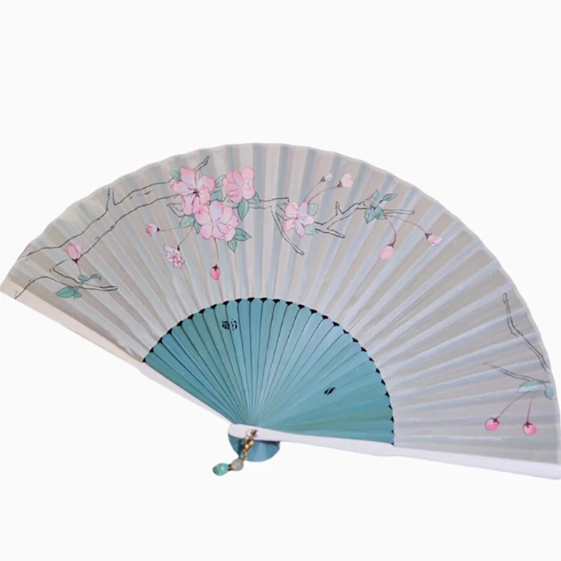 Chinese Ancient Folding Fan Handmade Bamboo Fan with Silk Print Cherry Blossom, Portable Traditional Fan for Dance/Hanfu/Qipao
