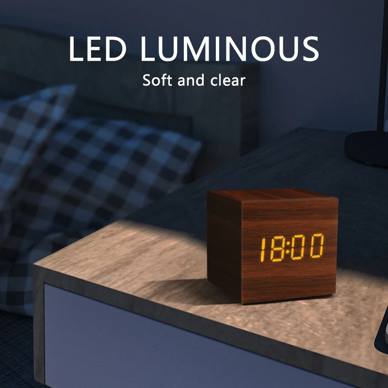 LED Wooden Digital Alarm Clock with Voice Control and USB/AAA Power Options