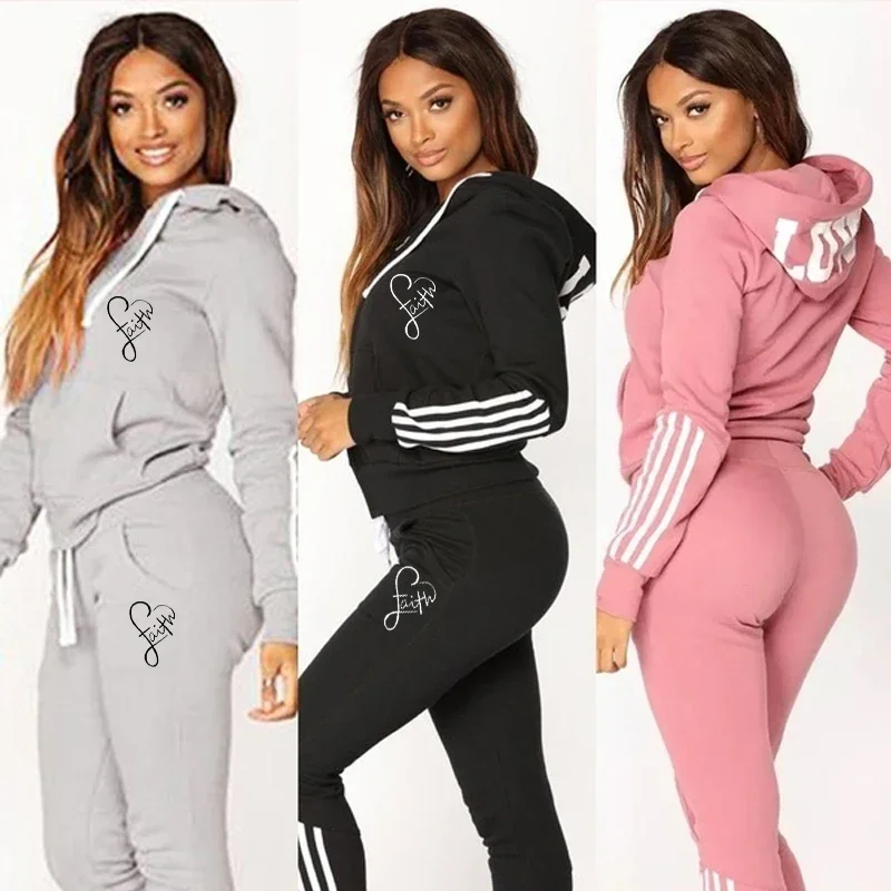 Fashion Ladies Printed Hoodies   Long Pants Two Pieces Set Autumn Winter Women Tracksuits Jogging Sports Wear Suit 2023 sweater set jogging set for men letter printed stripe hoodies tops and jogger pants sportswear suits hooded tracksuits new